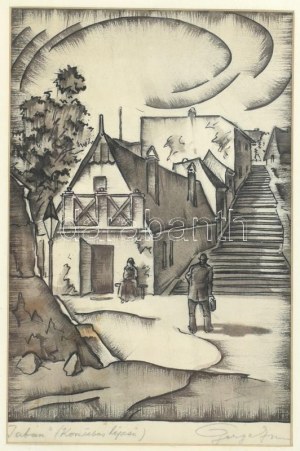 Gergely Imre (1868-1957): Tabán, Kőműves lépcső. Tus, papír, jelzett. Lapon néhány kisebb folttal...