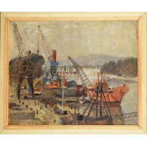 Berki Viola (1932-): Hajógyár a Népszigetnél (Budapest). Olaj, vászon, jelzett. Reprodukálva: Kovács Zita: Berki Viola...