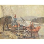 Berki Viola (1932-): Hajógyár a Népszigetnél (Budapest). Olaj, vászon, jelzett. Reprodukálva: Kovács Zita: Berki Viola...