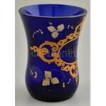 Antik, XIX. sz. kék emlék pohár arany színű historizáló dekorral, Emlékül felirattal. Kézzel festett...