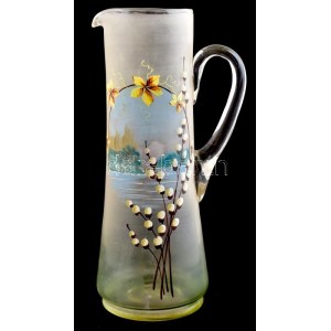 Antik fújt üveg kancsó. Kézzel festett virág és tájkép dekorral. M: 30,5 cm / Antique glass jug, hand painted...