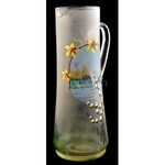Antik fújt üveg kancsó. Kézzel festett virág és tájkép dekorral. M: 30,5 cm / Antique glass jug, hand painted...