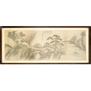 Kínai vászonkép nagy méretű tájkép cca 1940, tussal jelezve. Képméret: 40x110 cm / Vintage Chinese silk picture...