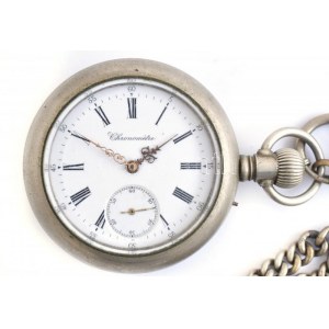 Chronometre zsebóra, fém tokkal, fém óralánccal, jelzett szerkezettel, hibátlan számlappal, működő, jó állapotban...