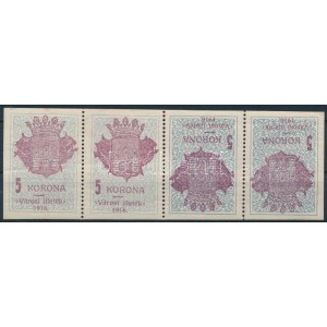 1916 Székesfehérvár 5K négyescsík, részleges gépszínátnyomattal / fiscal stamp stripe of 4...