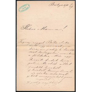 1878 Darányi Gyula (1867-1937) levele édesanyjához, Darányi Ignácné Földváry Borbálához (1820-1888) családi ügyekben, ...