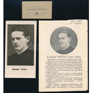 Kaszap István (1916-1935) jezsuita novícius szerzetesi ruhaereklyéje, egy őt ábrázoló kép, és egy róla szóló prospektus...