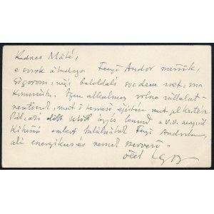 Kozma Lajos (1884-1948) építész, iparművész, grafikus autográf sorai névjegykártyáján...
