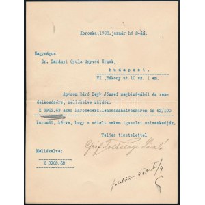 1908 Korokna, Gróf Toldalagi László (1865-?) gépelt levele apósa, Zeyk József üzleti ügyében, Darányi Gyula (1867-1937...