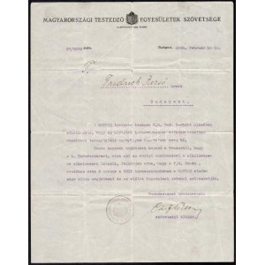 1928 Magyarországi Testedző Egyesületek Szövetségének gépelt levele Fridrich Rezső részére...