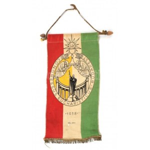 1938 A budapesti Nemzetközi Eucharisztikus Kongresszus hivatalos zászlója asztali tartóra akasztható eredeti rúdjával...