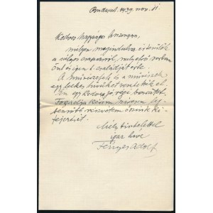 1939. nov. 11 Fényes Adolf (1867-1945) festőművész autográf kondoleáló levele Gerő Ödönnének, Gerő Ödön (1863-1939)...