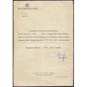 1948 Dinnyés Lajos miniszterelnök aláírt Magyar Köztársasági Érdemrend adományozó oklevele Major Máté (1904-1986...
