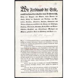 1848 okt. 3. I. Ferdinánd császár német nyelvű hirdetménye a forradalmi eseményekkel kapcsolatban...