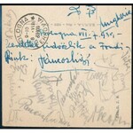 1939 Bologna-FTC 2:1 mérkőzésről küldött képeslap aláírásokkal (Háda, Tátrai, Lázár, Sárosi, Táncos, Polgár, Kiszely...