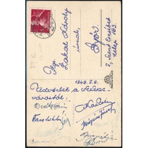 1949 FTC által küldött képeslap aláírásokkal (Henni, Csanádi, Budai, Háry, Lakat, Mészáros, Kispéter...