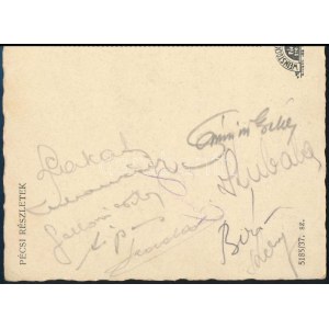 cca 1945 Magyar válogatott labdarúgók által aláírt képeslap: Kubala, Lakat, Siposi, Bíró, Ónodi, Rudas, Gallovich...