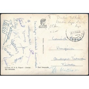 1955 A magyar B. labdarúgó válogatott tagjai által aláírt képeslap Olaszországból Ilku, Sándor, Károly, stb ...
