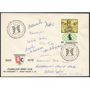 1978 Budapest, Alföldi László Női Nemzetközi Emlékverseny résztvevőinek aláírása borítékon (Ivánka Mária, Kas Rita...
