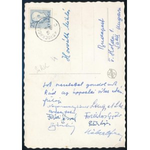 Sakkozók által Uppsalából hazaküldött képeslap aláírásokkal (Földi József, Lengyel, stb....