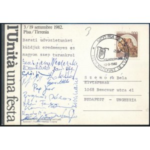 1982 BVSC világbajnok vívóinak aláírása hazaküldött képeslapon (Bóbis Ildikó, Pap Jenő, Erdős Gábor, stb....