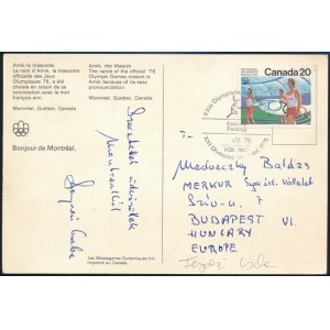 1976 Fenyvesi Csaba háromszoros olimpiai bajnok vívó által küldött aláírt képeslap a Montreali Olimpiáról ...
