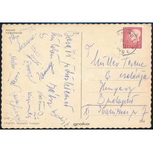 cca 1970 Újpesti Dózsa labdarúgói által Malmőből küldött képeslap a játékosok aláírásával: Káposzta, Dunai, Nagy stb ...