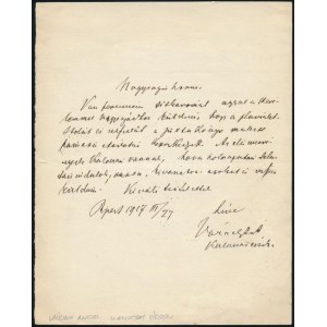 1917 Várady Lipót Árpád (1865-1923) kalocsai érsek (1914-1923) saját kézzel írt levele, Nagyságos Uram megszólítással...