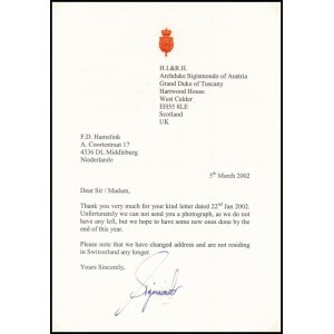 Sigismondo von Habsburg (1966-) autográf aláírása és gépelt sorai fejléces dombornyomott levélpapíron...