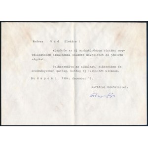 1984 Czinege Lajos (1924-1998) volt honvédelmi miniszter aláírása köszönőlapon, borítékkal
