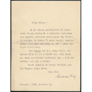 1943 Balassa Imre (1886-1974) író, újságíró, dramaturg, zenekritikus gépelt levele, saját kezű aláírásával Verő Márta ...