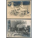 cca 1930 Gyerekjátékok, kis biciklik, kiskocsik, babaházak, stb., 6 db fotó, 9×12 cm