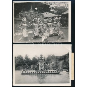 cca 1900 Sziám, 5 db vintage sajtófotó idegen nyelveken feliratozva - táncosok, temetés, szobrok, riska, hajó, 10,5x14...