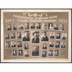 1923 A Rákospalotai Atlétikai Club 10 éves fennállásának emlékére, kartonra ragasztott fotó, foltos...