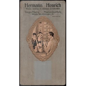 cca 1920 Hermann Heinrich marosvásárhelyi (Erdély) fűszer-, csemege és rövidáru kereskedő dekoratív reklámkartonja...