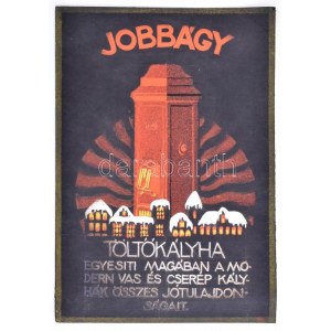 cca 1920-1940 Jobbágy Töltőkályha reklám terv, papír, vegyes technika, jelzés nélkül, két levél összeragasztva...