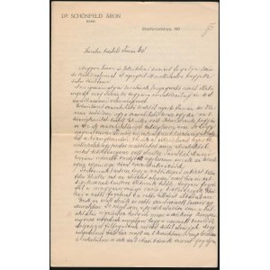 1908 Besztercebánya, Dr. Schönfeld Áron rabbi kézzel írt levele tanárának, autográf aláírással, fejléces papíron...