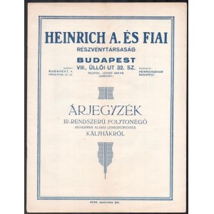 1930 Bp. VIII., Heinrich A. és Fiai Részvénytársaság árjegyzéke, illusztrált, pl. Kalor kályha, hajtott...