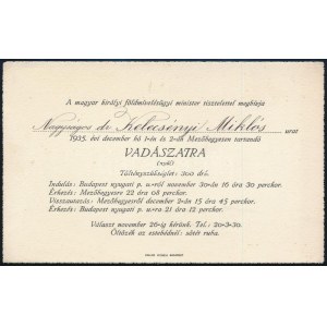 1935 Magyar királyi földművelésügyi miniszter meghívója Mezőhegyesre vadászatra