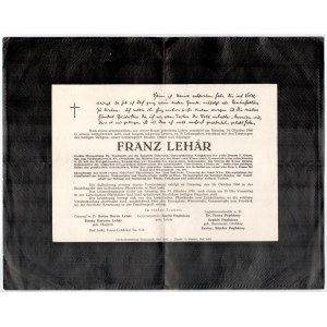 1948 Lehár Ferenc halotti értesítője, post mortem fotója és egy őt ábrázoló fotólap