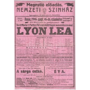 1916 Kassa, Nemzeti Színház (igazgató: Faragó Ödön) megnyitó előadásának plakátja, rajta Bródy Sándor: Lyon Lea c...