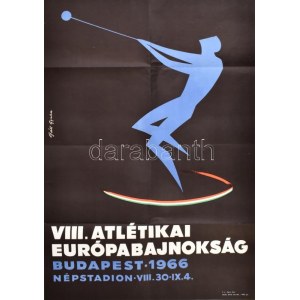 1966 Bp., VIII. Atlétikai Európa-bajnokság plakát, Gáll Gyula grafikája, hajtott, apró szakadással...
