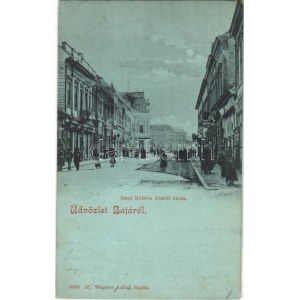 1899 (Vorläufer) Baja, Báró Eötvös József utca este, Dávid Jakab férfi szabó, könyvnyomda üzlete. Ifj...