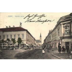 1916 Baja, Báró Eötvös utca, piaci árusok, Lövenstein Frigyes és Sternfeld Vilmos üzlete (EK...