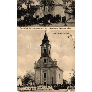 1917 Bakonyszentiván, Római katolikus templom, falubeliek csoportképe elsőáldozókkal...