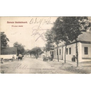 1913 Budakalász, Fő utca, lovas szekér, üzlet (fl)
