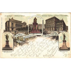 1896 (Vorläufer) Budapest, Fővárosi vigadó, Deák, Petőfi és Eötvös szobor, Tudományos akadémia...