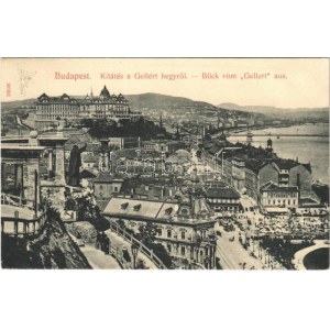 1909 Budapest I. Kilátás a Gellért-hegyről, Gellért szobor, Tabán, Döbrentei tér, vár, Rácz fürdő, piac, fodrász, Stosz...