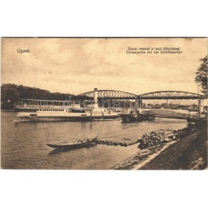 1916 Budapest IV. Újpest, Dunai részlet a hajóállomással, híd, tutajok...