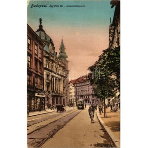 1921 Budapest V. Egyetem tér, villamos, kerékpáros, Törlesztési Bank, Blazek Adolf műköszörűs és Szabó Vilmos üzlete...